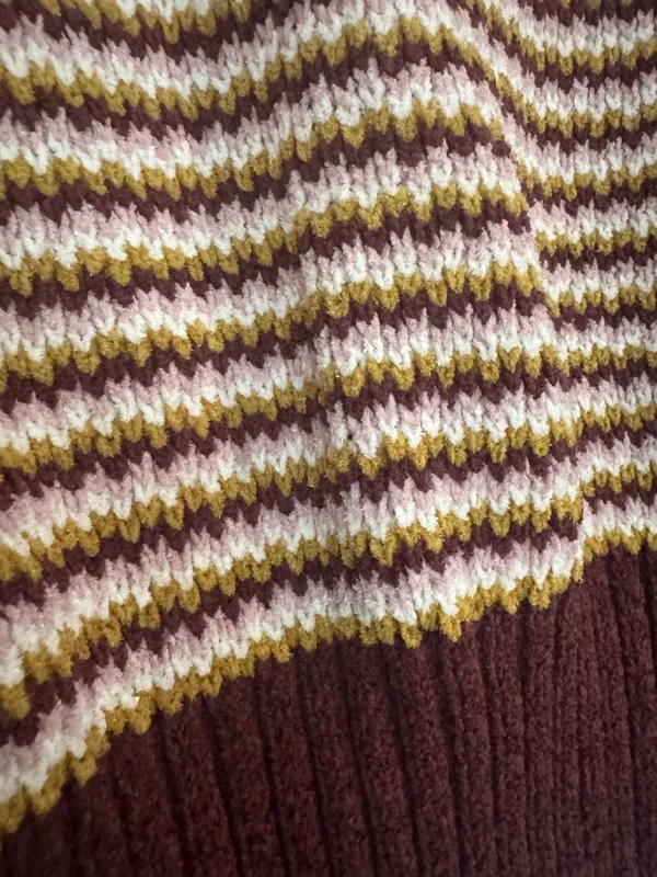 Pink Republic Striped V-Neck Sweater in Burgundy, Cream & Mustard cropped - Image 6