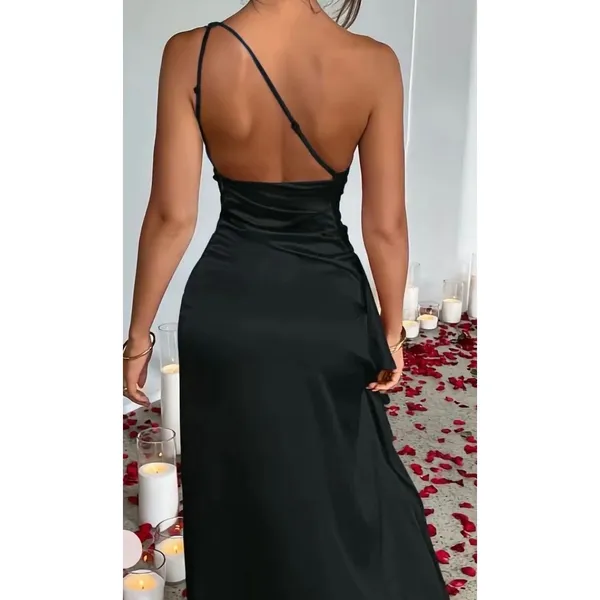 NWT OYS Size Medium Black Wedding Prom One Shoulder‎ Satin Ruched Bodycon Maxi - Image 2