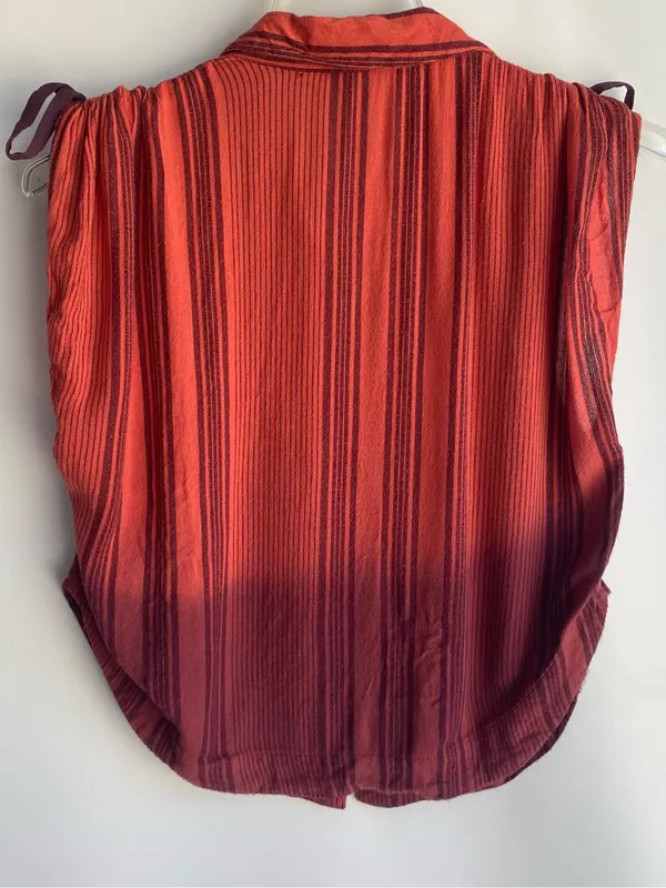 Free People dip dye ombre button down stripe top ruched shoulder bow tie small - Image 7
