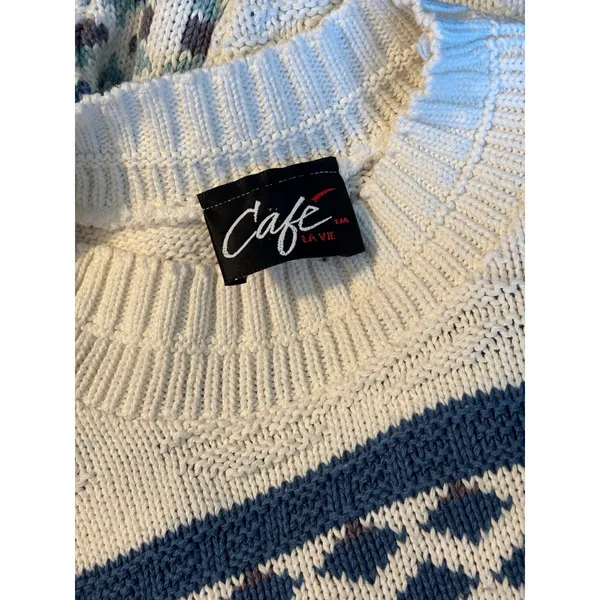 Vintage Cafe La Vie Blue Cream Geometric‎ Fair Isle Mock Neck Knit Sweater - Image 7