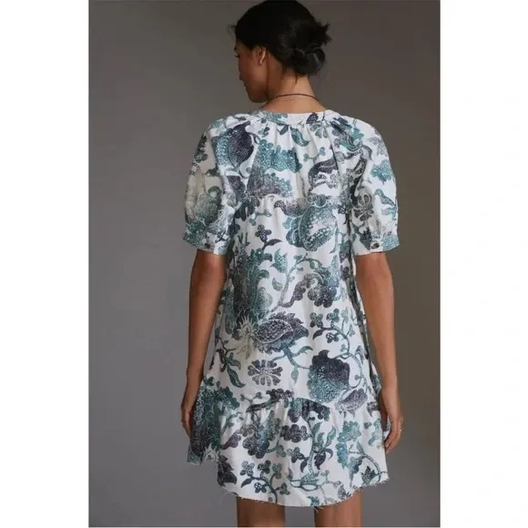 Anthropologie Pilcro Linen Blend Puff Sleeve Tunic Dress Womens Small White/Blue - Image 4