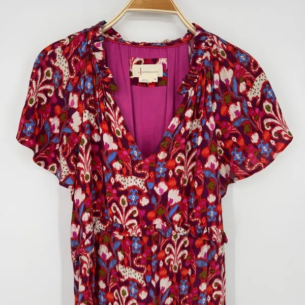 Anthropologie Robin Tiered Mini Dress Size XS Red Floral Ikat Ruffle Boho V Neck - Image 3
