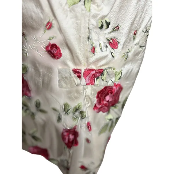 vintage Ivory Floral Brocade Pink Rose Print Empire Waist Cottagecore Midi Dress - Image 6