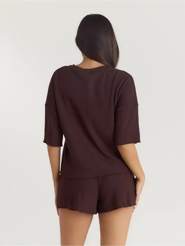 Lounge Women's Chocolate Brown Waffle Short Pajama Set - Image 2