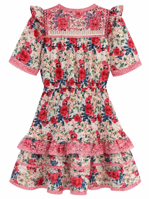 LoveShackFancy Rena Mini Dress Women Medium Red Pink Floral Lace Excellent - Image 5