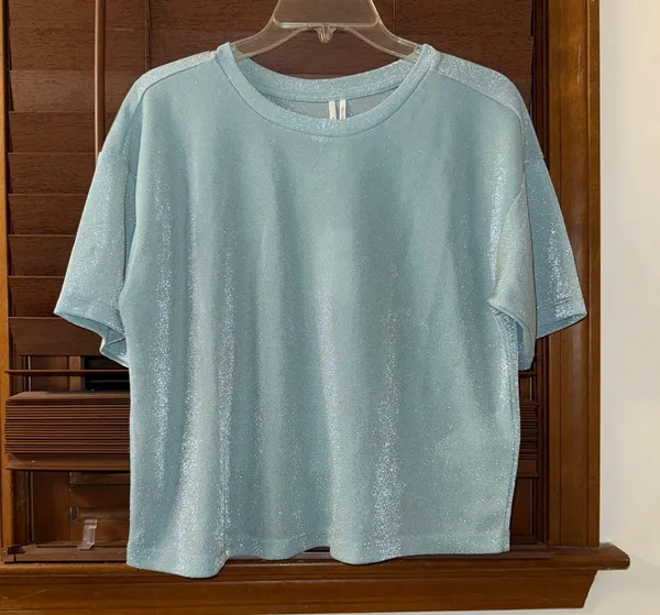 Anthropologie NWT $68 By Sky Blue Short-Sleeve Shine Cropped Pullover Tee M - Image 4