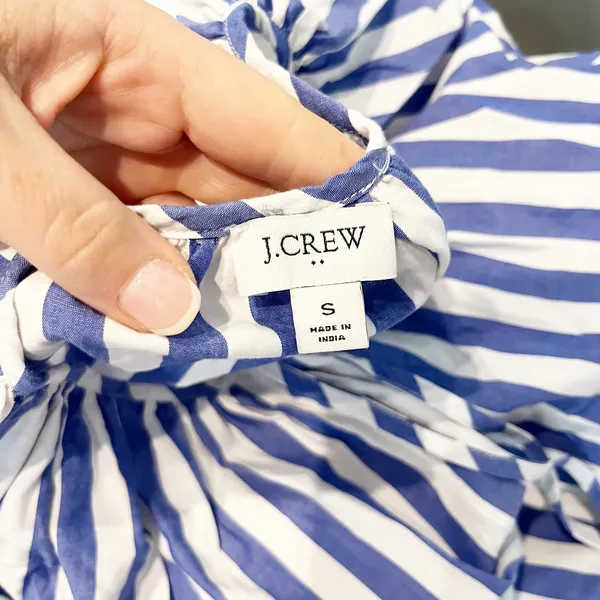 J. Crew Striped Button-Front Top with Tie Sleeves Brilliant Blue White Small - Image 2