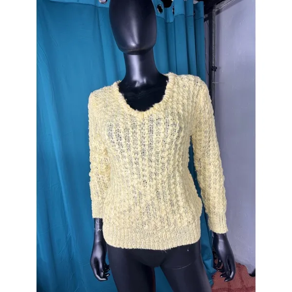 Mister Noah Vintage Yellow V-Neck Textured Knit Sweater Cozy Retro Pullover M - Image 2
