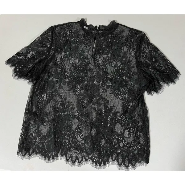Black Victorian Floral Lace Mock-Neck Short Sleeve Blouse Top Shirt Size M 🖤 - Image 2