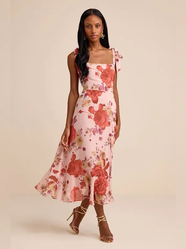 LULU’S Summer Invite Blush Pink Floral Tie-Strap Tiered Midi Dress - Image 7