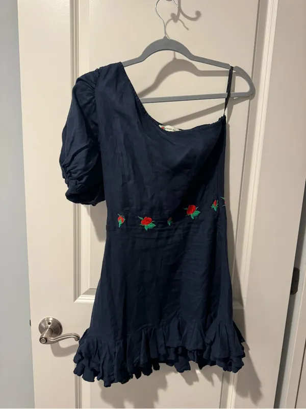 FANM MON Navy Linen Mini Dress with Floral Embroidery | XS - Image 3