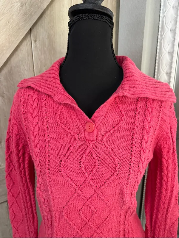 Y2K Barbiecore Hot Pink Cable Knit Polo Sweater - Small - Medium - Image 2
