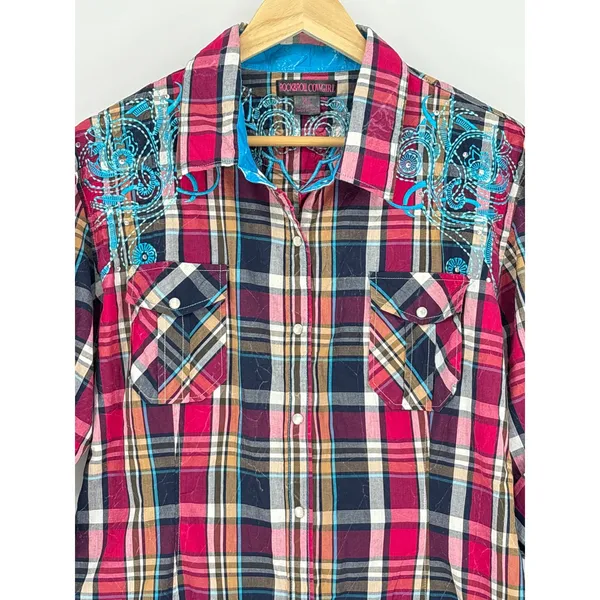 Rock‎ & Roll Cowgirl Embroidered Plaid Pearl Snap Western Shirt XL Rhinestone - Image 4