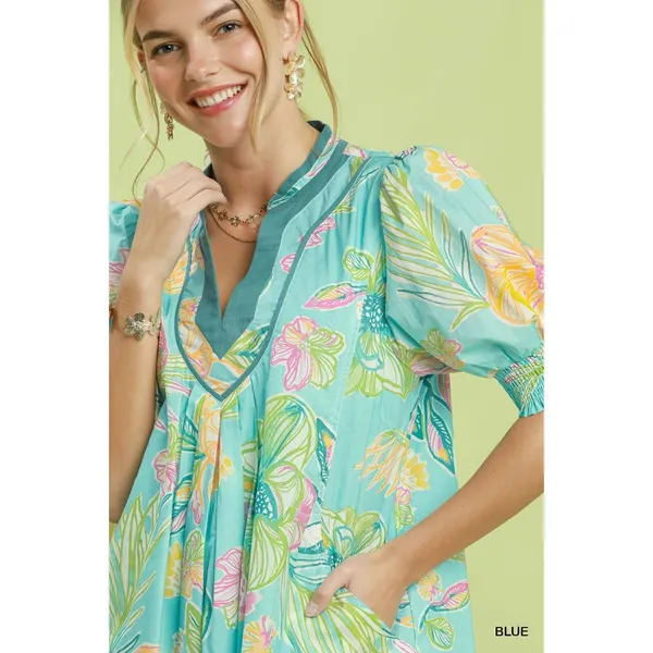 Umgee Botanical Print‎ Dress with Smocked Cuffs - Blue - Small - Image 4