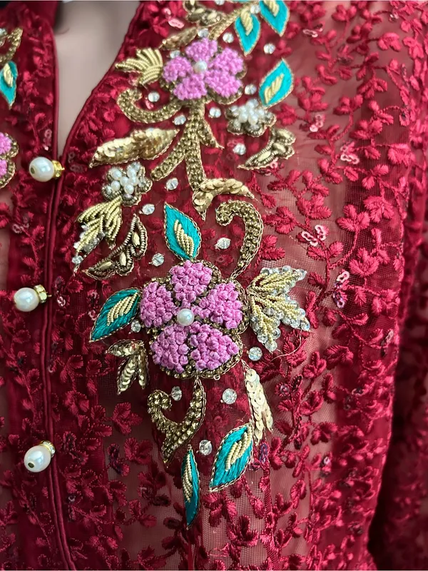 Embroidered Red Lace Fit-and-Flare Women's Dress MD - Image 8