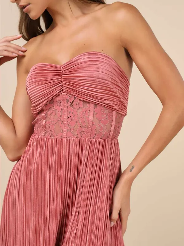 LULU’S Desme Rose Pink Satin Plisse Strapless Maxi Dress - Image 4