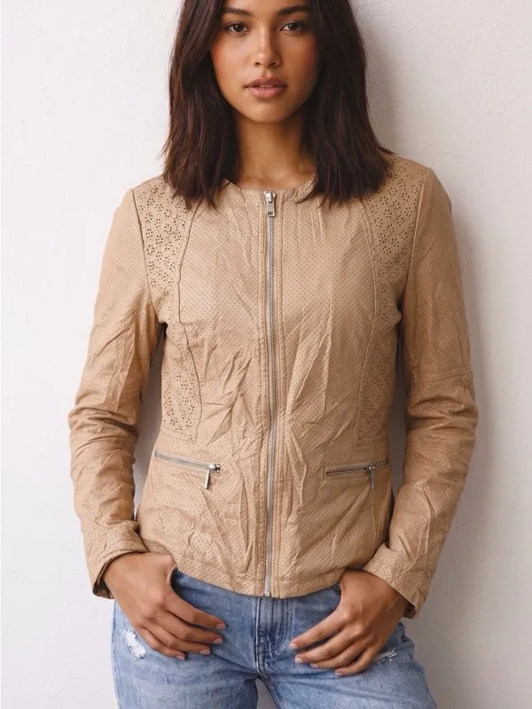 Women's Beige Perforated Faux Leather Zip Jacket - Image 2