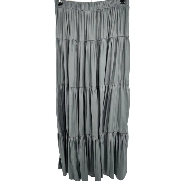 Tahari Tiered Maxi Skirt Metallic Silver Elastic Waist Y3K‎ Boho Chic Clean Girl - Image 2