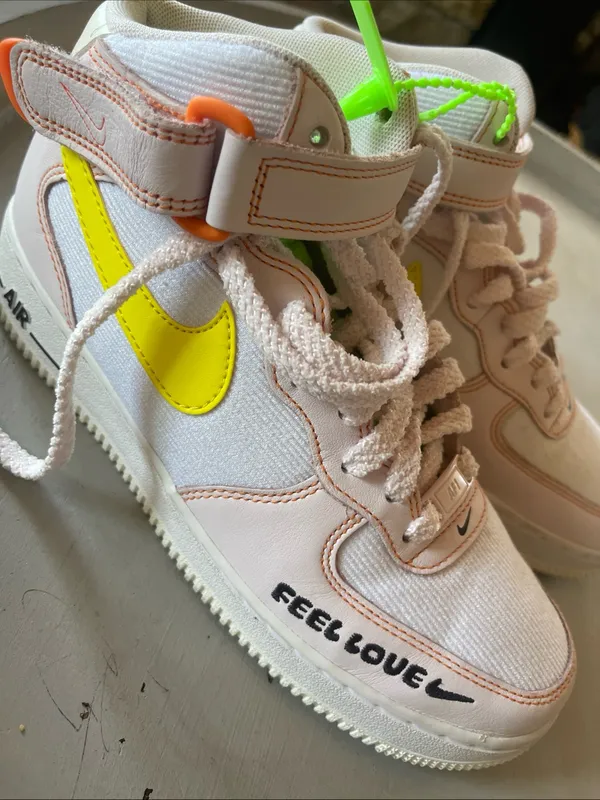 Nike Kids High-Top Sneakers in White with Yellow Swoosh and Neon Accents - Image 4