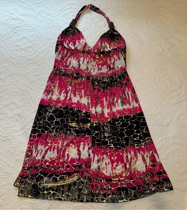 Paradise Contour Y2K Halter Dress. Pink and Gold. Size: Medium. - Image 6