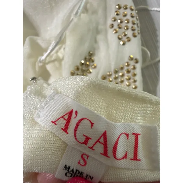 A'GACI White Gold Studded Mock Neck Lace Up Side Maxi Dress Small - Image 4