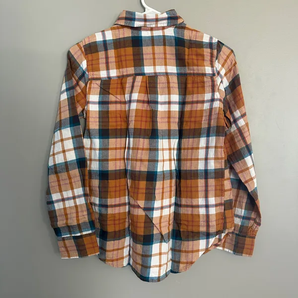 SO flannel button front Juniors xs Shirt Blue, cream, orange and maroon plaid flannel - Image 4