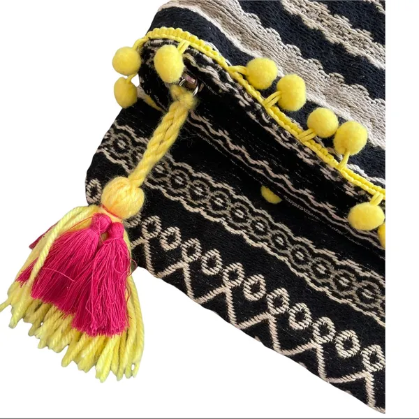 Just Fab Fold Over Bag Yellow Pom Pom Tassel‎ Trim Colorful Clutch Purse - Image 3