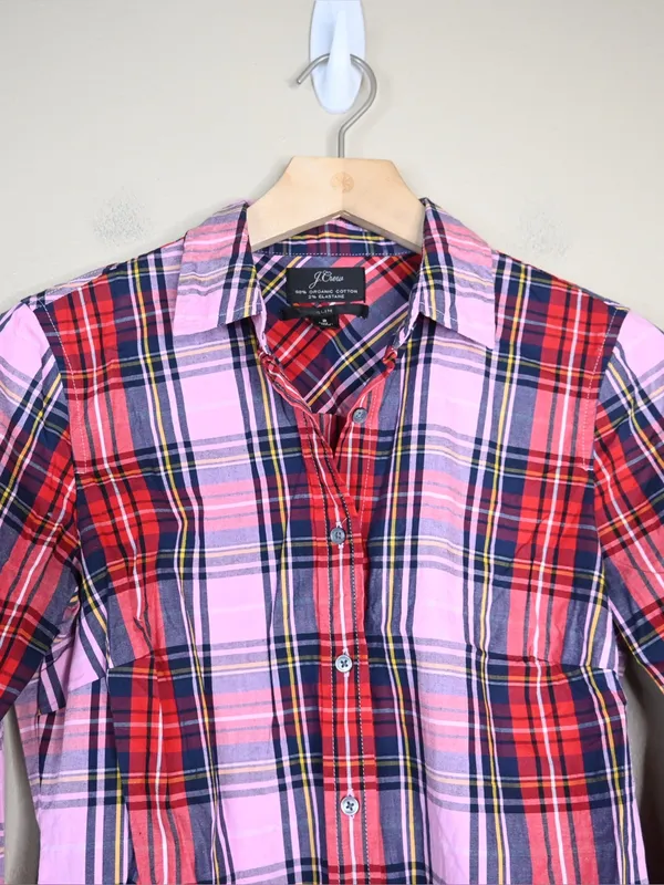 J. Crew Women's Slim Fit Stretch Perfect Pink Stewart Tartan Organic Cotton Top - Image 3