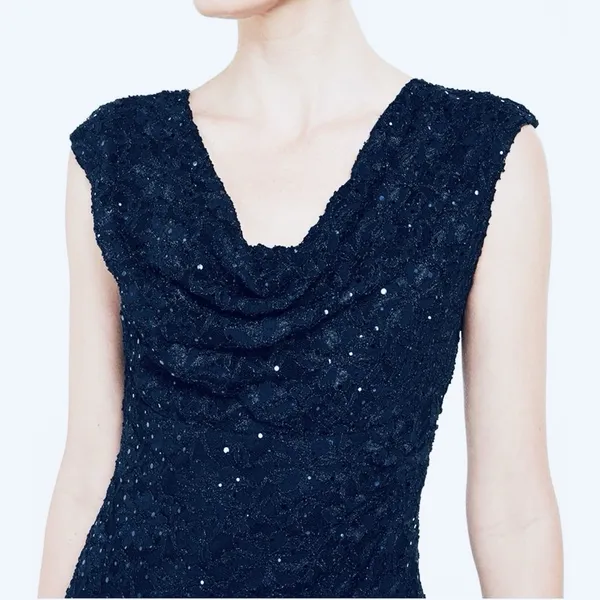 Ralph Lauren Navy Blue Sequin Lace Cowl Neck‎ Sheath Sleeveless Dress Size 10 - Image 3