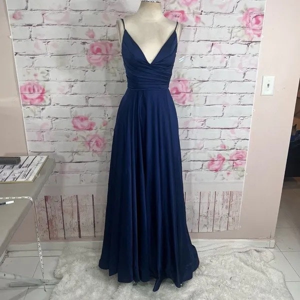 La Femme blue satin v neck ruched bodice ball gown style 28607 - Image 5