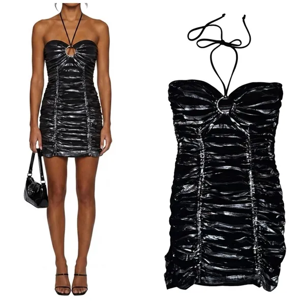 Body Central Vintage Y2K S Little Black Halter Dress Ruched Mini Going Out Cocktail USA‎ Made - Image 2
