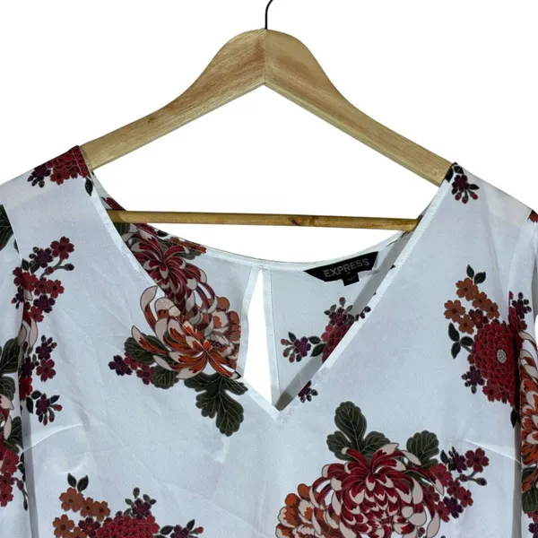 Express Floral Flutter Sleeve Tie Back Crop Top White Red Orange Size M - Image 2