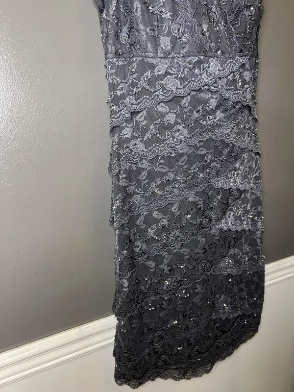 Blu Sage Dress Womens 10 Gray Lace Beaded V Neck Sheath Knee Length Party Formal - Image 4