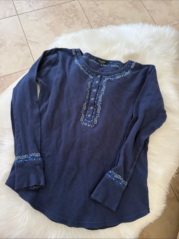 Lucky Brand Navy Blue Long-Sleeve Henley with Embroidered Trim - Image 2