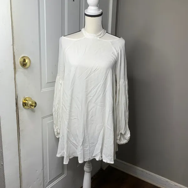 Free People white cold shoulder mini swing dress XS boho balloon sleeves bridal‎ - Image 4