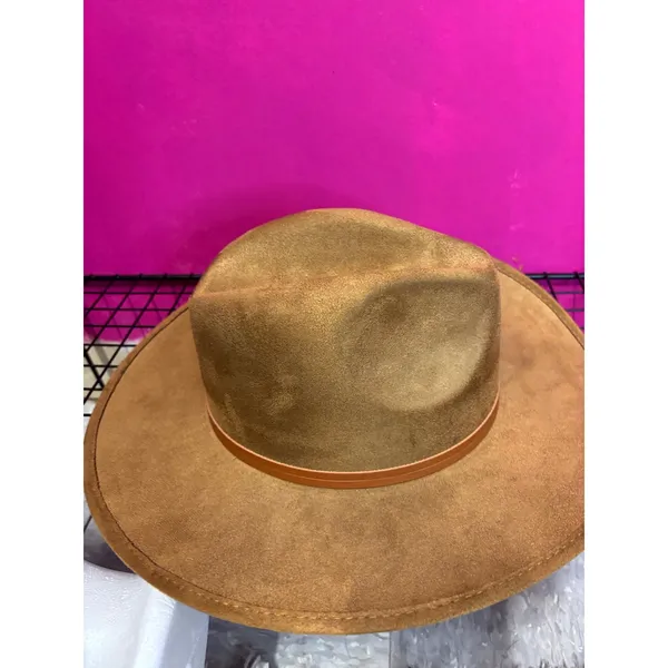 Camel Brown Faux Suede Wide Brim Fedora Hat with Tassel Band RN157656 - Image 4