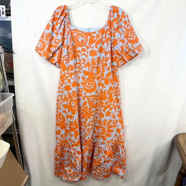 Talbots Size‎ 10 Midi Dress Puff Sleeve Poplin Floral Orange Blue Fit Flare 1526 - Image 4