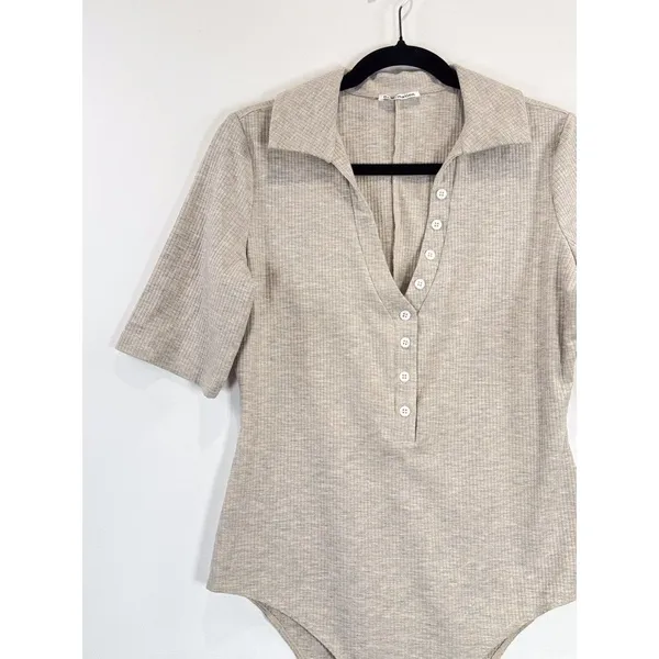 Reformation Womens Bodysuit Beige Rita Ribbed High Leg Button Down Henley XL - Image 5