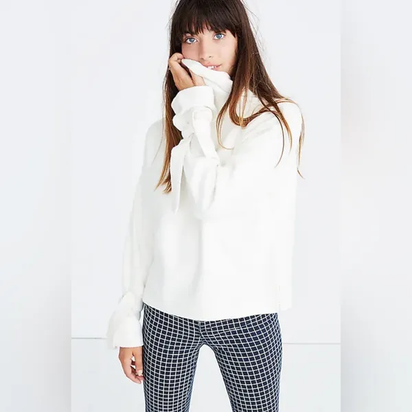 Madewell Mockneck Bell Sleeve Tie-Cuff Top Shirt‎ in Bright Ivory Size Medium - Image 2