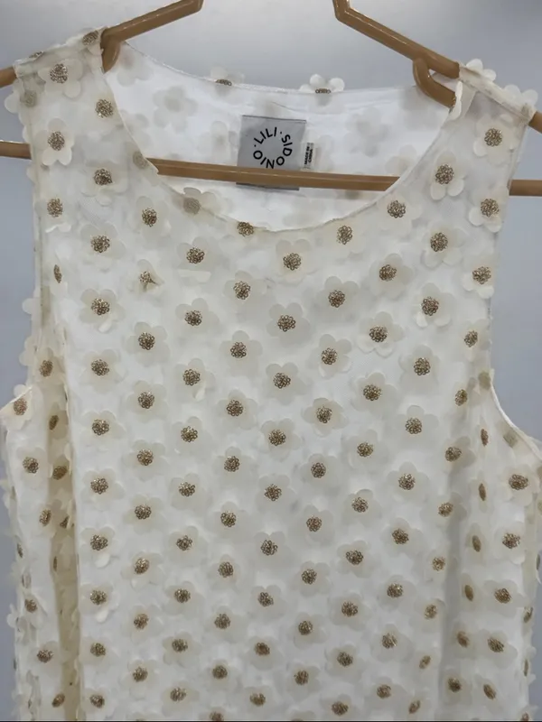 Lili Sidonio cream sheer overlay 3D daisy metallic gold S Mini Dress sleeveless - Image 7
