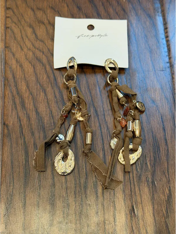 Free People Drop Earrings NWT Women's OS Brown Fabric Mixed Media Boho Charms - Image 3