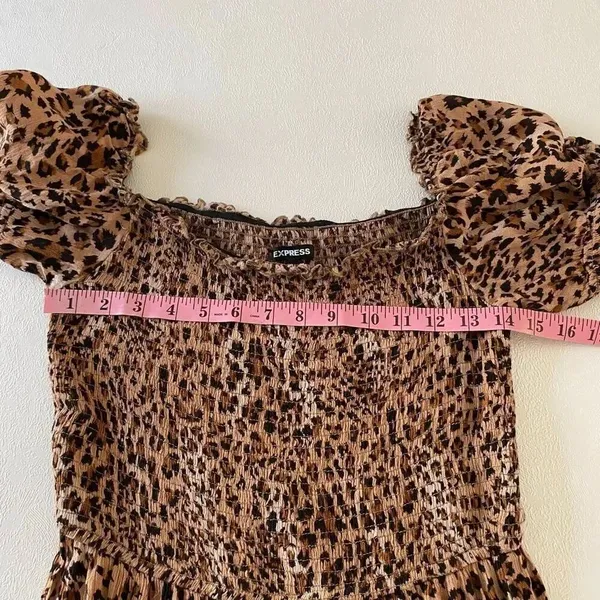 Express Leopard Print Dress Small Smocked Puff Sleeve Fit & Flare Brown Animal P - Image 4