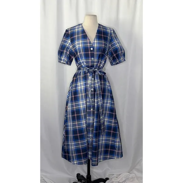 ZARA‎ Blue Plaid Taffeta Dress Belted Tie Waist Midi Buttondown Preppy Small - Image 2