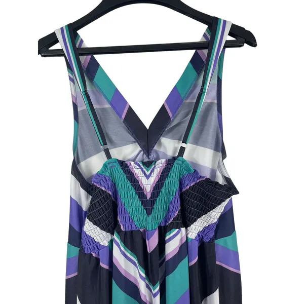 VTG 80s Anthony Richards Chevron Stripe Midi Dress Purple Teal Smocked Retro - Image 3