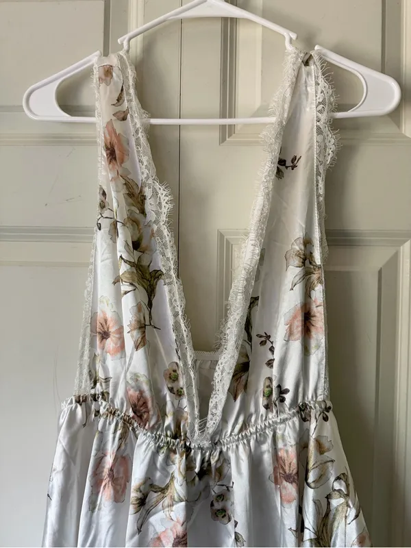 Floral Deep-V Satin Women’s Tank Top - White with Pink & Green Floral - Image 2