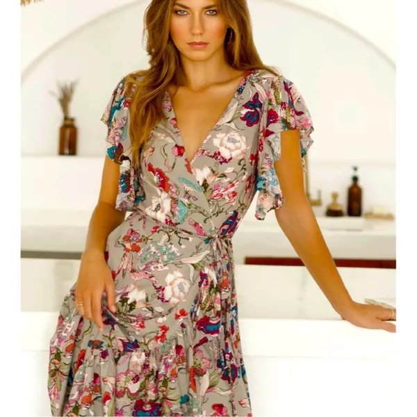 NEW BALIelf Made by Hand Carmen Wrap Short Sleeve Maxi Dress Beige Floral XL - Image 2