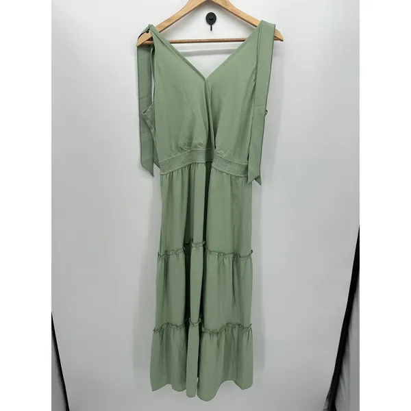 PrettyGarden Womens L Sage Green Tiered Maxi Dress Smocked Boho Cottagecore‎ - Image 2