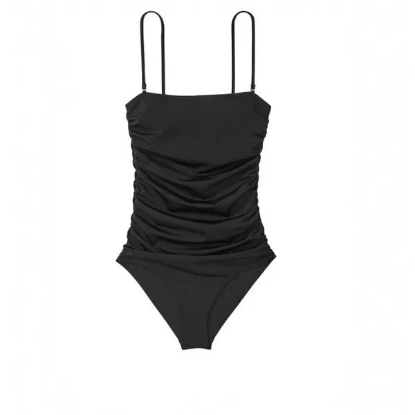 Solid Black Ruched Square Neck Cheeky One-Piece Swimsuit Size Medium - Image 2