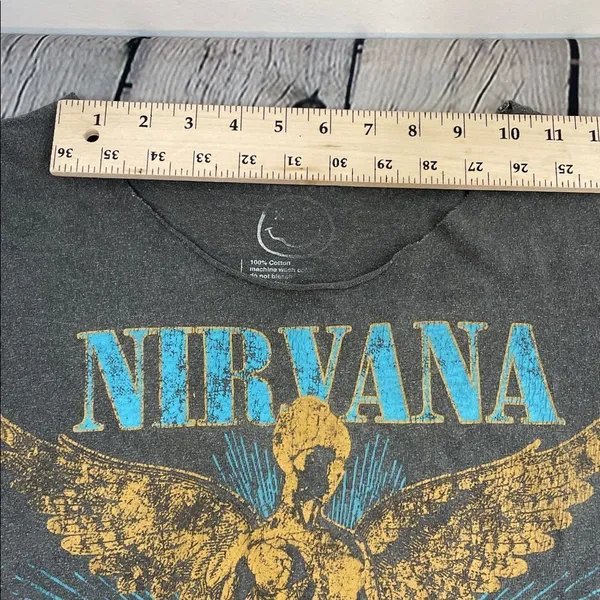 NIRVANA Angel Graphic Tee Gray and Gold size M/L neckline cut out - Image 9
