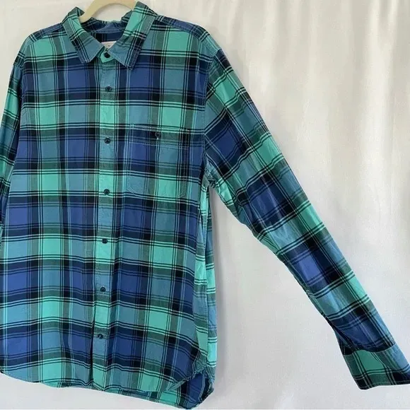 Gap Plaid Lived-In Cotton Long Sleeve Button Down Shirt Blue Aqua Size XL - Image 5